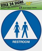 Hy-Ko T-24U Graphic Sign, Round, Triangle, REST ROOM, White Legend, Blue/White Background, Plastic, Pack of 3