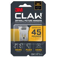 3M CLAW 3PH45M-3ES Drywall Picture Hanger, 45 lb, Steel, Push-In Mounting, 3/PK, Pack of 4