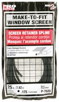 Make-2-Fit P 7523 Screen Retainer Spline, 0.175 in D, 25 ft L, Vinyl, Black, Round