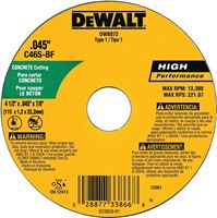 DeWALT DW8072 Cutting Wheel, 4-1/2 in Dia, 0.045 in Thick, 7/8 in Arbor, Medium, Silicone Carbide Abrasive