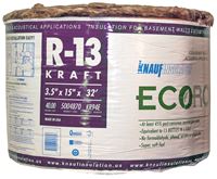 Knauf Insulation KR94E/TAK Kraft Faced Insulation, 32 ft L, 15 in W, R13 R-Value, Fiberglass