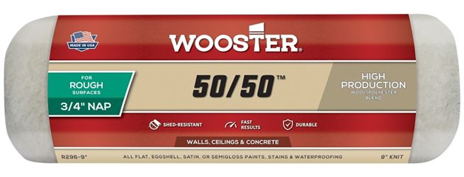 Wooster R296-9 Roller Cover, 3/4 in Thick Nap, 9 in L, Knit Fabric/Lambs Wool/Polyester Cover, Creamy