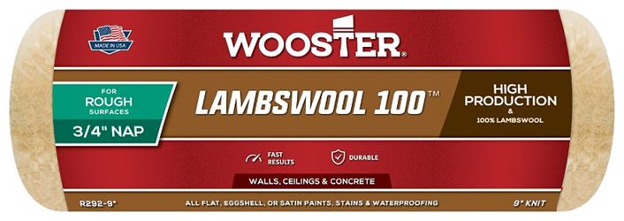 Wooster R292-9 Roller Cover, 3/4 in Thick Nap, 9 in L, Knit Lambs Wool Cover, Buff