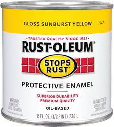 Rust-Oleum Stops Rust 7747730 Enamel Paint, Oil, Gloss, Sunburst Yellow, 0.5 pt, Can, 50 to 90 sq-ft/qt Coverage Area