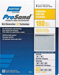 Norton ProSand 07660768159 Sanding Sheet, 11 in L, 9 in W, Fine, 180 Grit, Aluminum Oxide Abrasive, Paper Backing