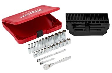 Milwaukee 48-22-9504 Ratchet and Socket Set, Alloy Steel, Chrome, Specifications: 1/4 in Drive Size, Metric Measurement