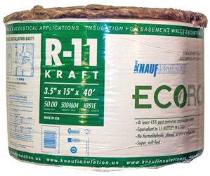 Knauf Insulation ECOROLL KR91E/TAK Insulation, 40 ft L, 15 in W, R11 R-Value, Fiberglass/Steel, Brown
