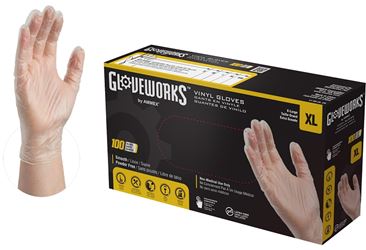 Gloveworks IVPF48100 Disposable Gloves, XL, 235 mm L, Vinyl, Clear, Powder-Free