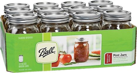 Ball 61000 Canning Jar, 16 oz Capacity, Glass, Silver Cap/Lid