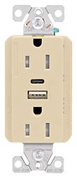 Eaton Cooper Wiring TRUSBAC15 TRUSBAC15V-K-L Receptacle, 2 -Pole, 5 A, 125 VAC, 2 -USB Port, Type A, C USB, Ivory