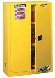 Justrite 894500 Safety Cabinet, 45 gal, 43 in OAW, 65 in OAH, 18 in OAD, 2-Shelf, Steel, Yellow