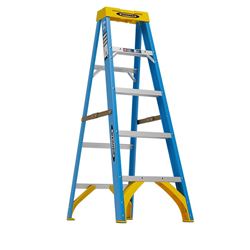 WERNER 6005 Step Ladder, 9 ft Max Reach H, 4-Step, 250 lb, Type I Duty Rating, 3 in D Step, Fiberglass, Blue