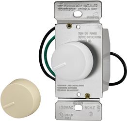 Eaton Wiring Devices RI06P-VW-K2 Rotary Dimmer, 120 V, 600 W, Halogen, Incandescent Lamp, 3-Way, Ivory/White