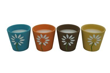 Seasonal Trends Y252 Ceramic Flower Citronella Candle, Round, Yellow, Orange, Blue and Brown, Citronella, Pack of 24