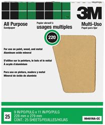 3M 99401NA-CC Sandpaper, 11 in L, 9 in W, Extra Fine, 220 Grit, Aluminum Oxide Abrasive, Paper Backing