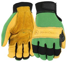 John Deere JD00009-L Gloves, Mens, L, Reinforced Thumb, Hook and Loop Cuff, Spandex Back, Green/Yellow