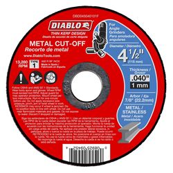 Diablo DBD045040101F Cut-Off Wheel, 4-1/2 in Dia, 0.04 in Thick, 7/8 in Arbor, Aluminum Oxide Abrasive