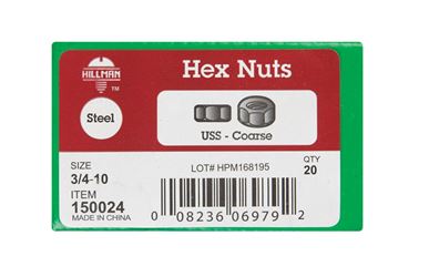 Hillman 3/4 Zinc-Plated Steel SAE Hex Nut 20 pk 