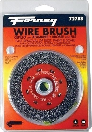 Forney 72788 Wire Wheel Brush, 4 in Dia, 5/8-11 Arbor/Shank, 0.012 in Dia Bristle, Carbon Steel Bristle