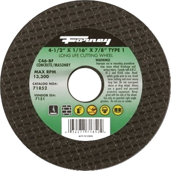 Forney 71852 Cut-Off Wheel, 4-1/2 in Dia, 1/16 in Thick, 7/8 in Arbor, 24 Grit, Coarse, Silicone Carbide Abrasive