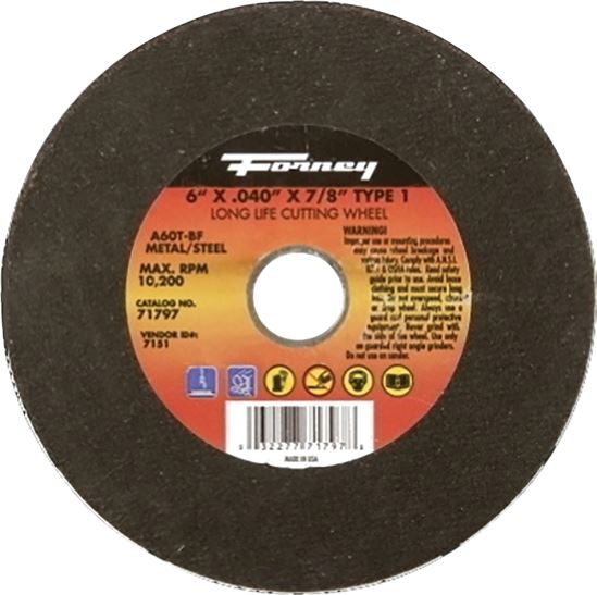 Forney 71797 Cut-Off Wheel, 6 in Dia, 0.04 in Thick, 7/8 in Arbor, 60 Grit, Medium, Aluminum Oxide Abrasive