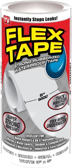 Flex Tape TFSWHTR0805 Tape, 5 ft L, 8 in W, Rubber Backing