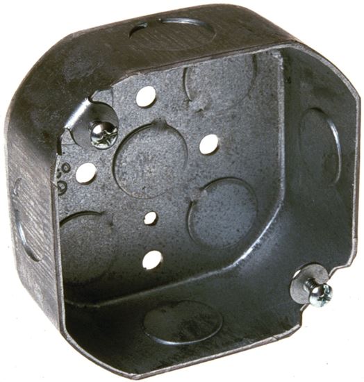 Raco 8125 Octagonal Box, 3.563 in OAW, 1.813 in OAD, 3.563 in OAH, 8-Knockout, Steel Housing Material, Gray