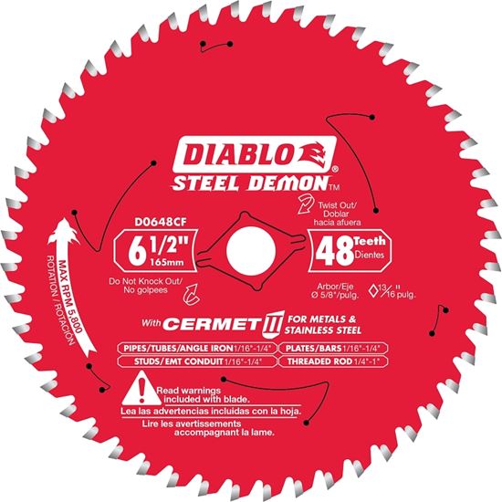 Diablo D0648CFX Saw Blade, 6-1/2 in Dia, 5/8 in Arbor, 48-Teeth, Cermet Cutting Edge