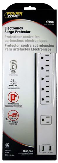 PowerZone OR525106 Surge Protector Power Strip, 125 V, 15 A, 6-Outlet, 1800 Joules Energy, White