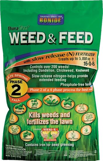 DuraTurf 60420 Weed and Feed Lawn Fertilizer, 16 lb, Solid, 16-0-8 N-P-K Ratio