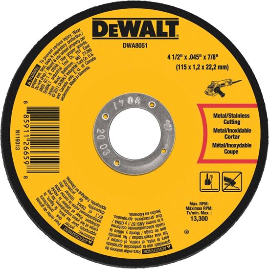 DeWALT DWA8051 Cutting Wheel, 4-1/2 in Dia, 29/64 in Thick, 7/8 in Arbor, Medium, Aluminum Oxide Abrasive, Pack of 25