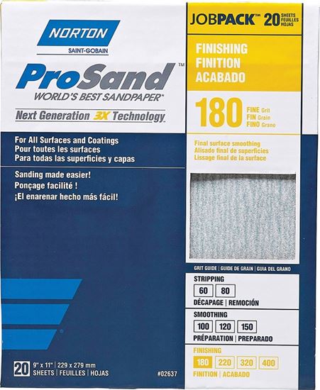 Norton ProSand 07660768168 Sanding Sheet, 11 in L, 9 in W, Fine, 180 Grit, Aluminum Oxide Abrasive, Paper Backing