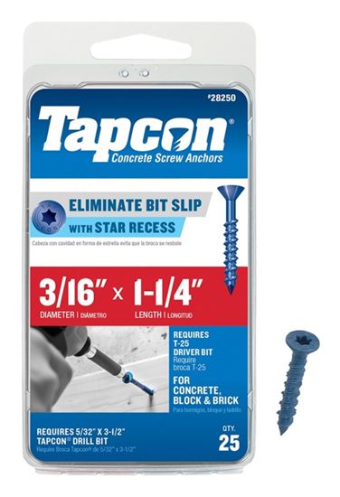 Tapcon 28250 Concrete Screw Anchor, 3/16 in Dia, 1-1/4 in L, Steel