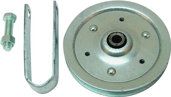 Prime-Line GD 52108 Pulley with Strap and Axle Bolt, 4 in Dia, 3/16 in Dia Bore, Galvanized Steel