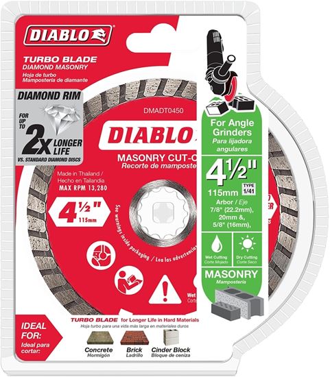 Diablo DMADT0450 Cut-Off Disc, 4-1/2 in Dia, 7/8 in, 5/8 in, 20 mm Arbor, Diamond Cutting Edge, Turbo Rim