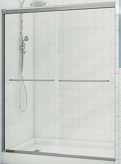 Maax Aura 135663-900-084 Sliding Shower Door, Clear Glass, Tempered Glass, Semi Frame, 2-Panel, Glass, 1/4 in Glass