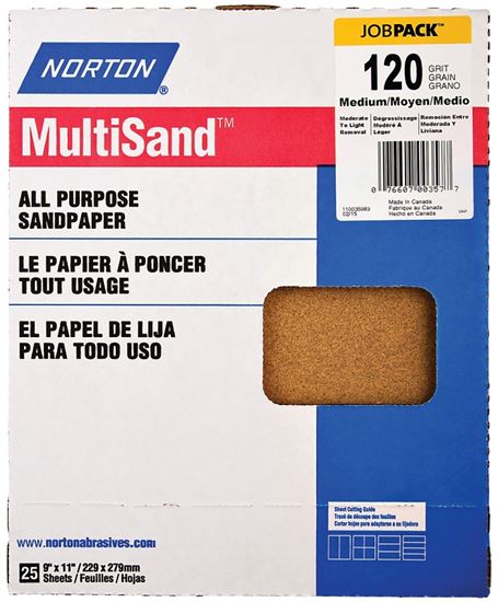 Norton Adalox 07660700159 Sanding Sheet, 11 in L, 9 in W, Medium, 120 Grit, Aluminum Oxide Abrasive, Paper Backing, Pack of 100