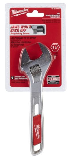 Milwaukee 48-22-7408 Adjustable Wrench, 8 in OAL, 1-1/8 in Jaw, Steel, Chrome, Ergonomic Handle