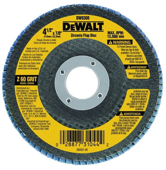 DeWALT DW8308 Flap Disc, 4-1/2 in Dia, 7/8 in Arbor, Coated, 60 Grit, Medium, Zirconia Abrasive