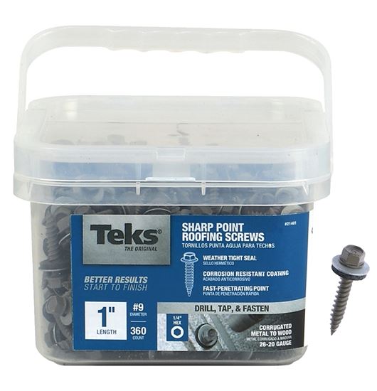 Teks 21401 Roofing Screw, #9 Thread, Hex Drive, Self-Tapping, Sharp Point, Steel, Metallic