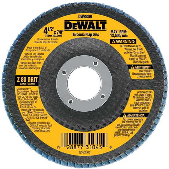 DeWALT DW8309 Flap Disc, 4-1/2 in Dia, 7/8 in Arbor, Coated, 80 Grit, Medium, Zirconia Abrasive