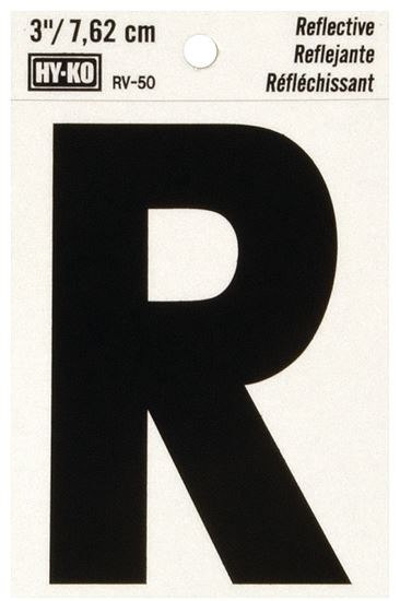 Hy-Ko RV-50/R Reflective Letter, Character: R, 3 in H Character, Black Character, Silver Background, Vinyl, Pack of 10