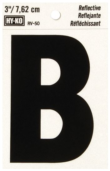 Hy-Ko RV-50/B Reflective Letter, Character: B, 3 in H Character, Black Character, Silver Background, Vinyl, Pack of 10