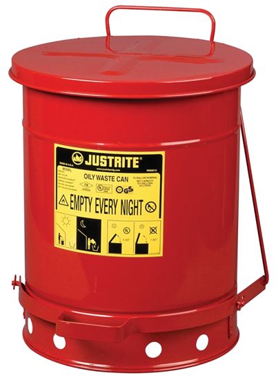 Justrite 09300 Oily Waste Can, 10 gal Can, Steel, Red, Foot-Operated Self-Closing, 13.938 in Dia, 18-1/4 in H