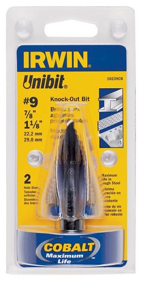 Irwin Unibit 10239 Step Drill Bit, 7/8 to 1-1/8 in Dia, 1-Flute, 7/16 in Dia Shank, Hex Shank