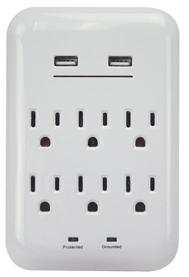 PowerZone ORUSB346S USB Charger with Surge Protection, 2-Pole, 125 V, 15 A, 6-Outlet, 1200 Joules Energy, White