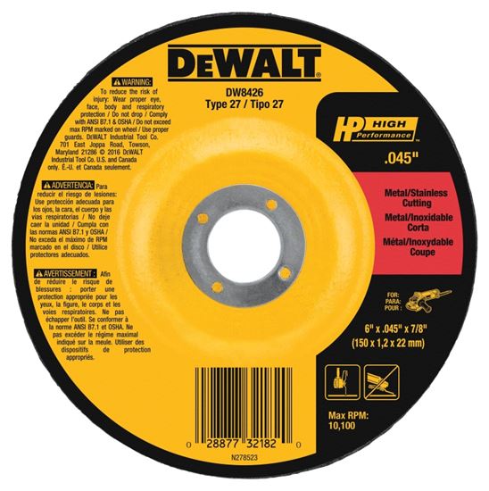 DeWALT DW8426 Cutting Wheel, 6 in Dia, 0.045 in Thick, 7/8 in Arbor, 60 Grit, Medium, Aluminum Oxide Abrasive