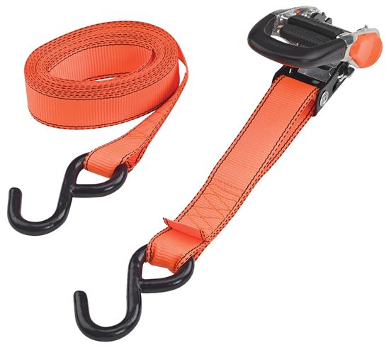 ProSource FH4013 Tie-Down, 1-1/4 in W, 16 ft L, Polyester Webbing, Metal Ratchet, Orange, 700 lb, S-Hook End Fitting