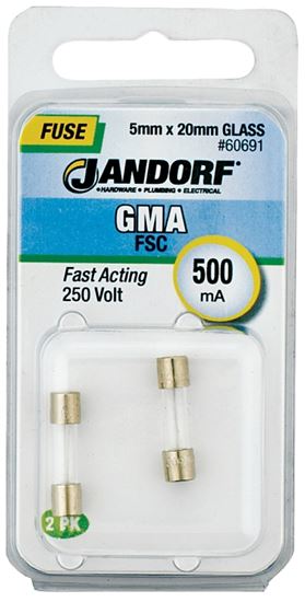 Jandorf 60691 Fast Acting Fuse, 500 mA, 250 V, 35 A, 10 kA Interrupt, Glass Body