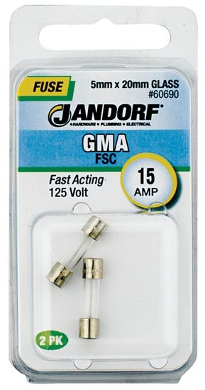 Jandorf 60690 Fast Acting Fuse, 15 A, 125 V, 150 A Interrupt, Glass Body